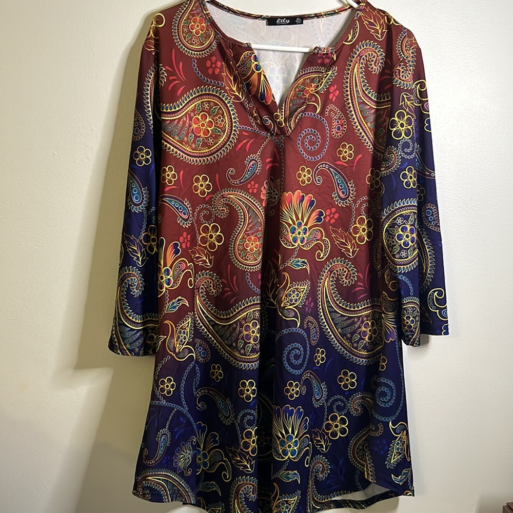 Lily by firmiana floral paisley dress long sleeve size 1x blue purple brown
